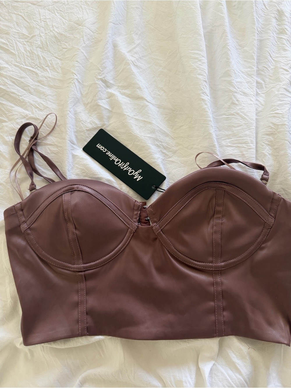 Faux-Leather Chocolate Brown Longline Bustier Crop Top - Unknown Brand